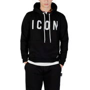 Icon men black cotton blend hooded sweatshirt with bold white icon lettering and matching drawstrings on the chest
