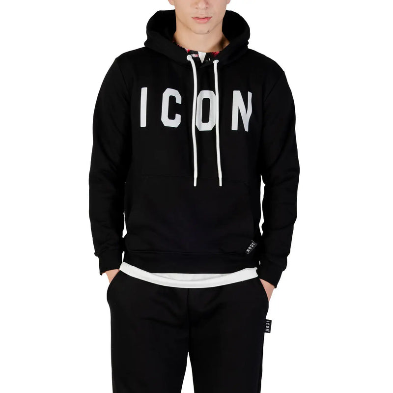 Icon men black cotton blend hooded sweatshirt with bold white icon lettering and matching drawstrings on the chest