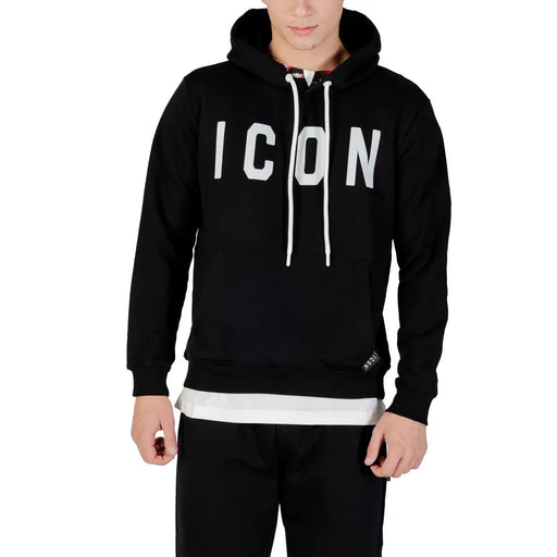 Icon men black cotton blend hooded sweatshirt with bold white icon print, contrasting white drawstrings, and brand tag