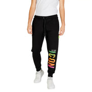 Icon men black laced printed trousers for fall winter with rainbow icon logo on leg and green tag near waistband