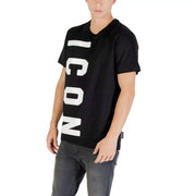 Black short sleeve round neck t-shirt with bold white vertical icon lettering for fall winter wear