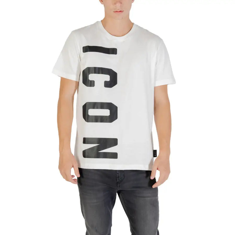 Men’s white crew-neck T-shirt with vertical black ICON print front view