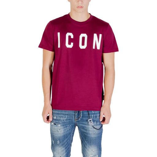 Maroon Dsquared2 icon T-shirt en coton graphique pour homme, couleur bordeaux, avec inscription blanche audacieuse et col rond.