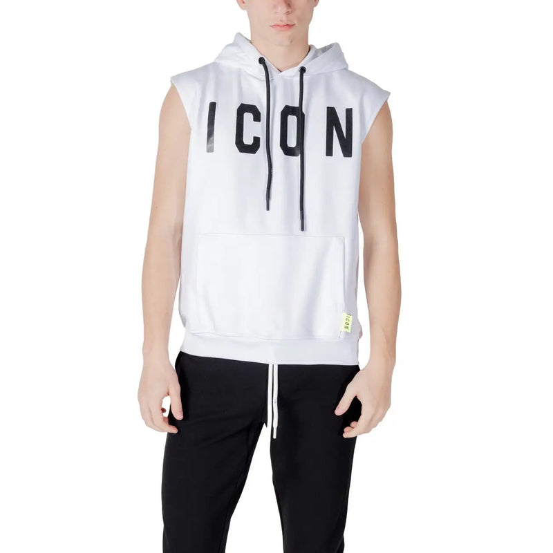 White sleeveless cotton hoodie sweatshirt for men with bold black icon lettering and matching drawstrings