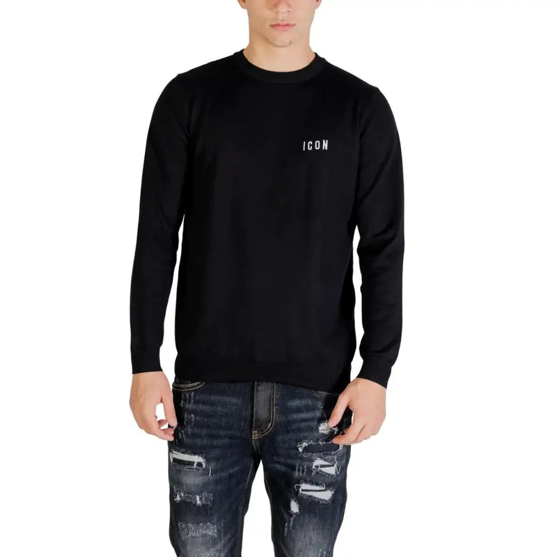 Black long-sleeved sweatshirt with subtle white icon logo made of viscose blend knitwear for men