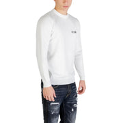 White long-sleeved crewneck sweater with black icon embroidery on left chest made of viscose blend knitwear