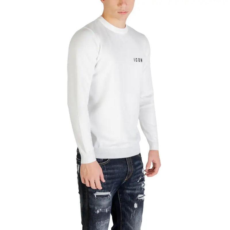 White long-sleeved crewneck sweater with black icon embroidery on left chest made of viscose blend knitwear
