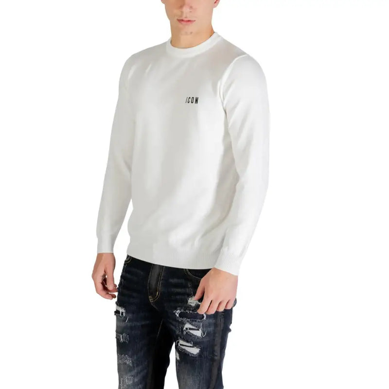 White long-sleeved crewneck viscose blend sweater with small black icon logo on the left chest for men