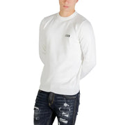 White long-sleeved crewneck viscose blend sweater with small black icon logo on left chest for men knitwear