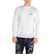 White long-sleeved crewneck viscose blend sweater with subtle black icon logo on the left chest for men knitwear