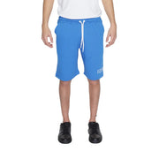 Bright blue cotton shorts for men with white drawstrings and subtle icon logo on left leg in light blue color