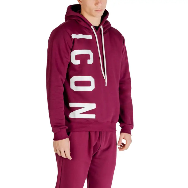 Icon Herren-Sweatshirt mit Rundhalsausschnitt, bordeauxroter Baumwolle, markanter weißer vertikaler Schrift und passenden Kordelzügen