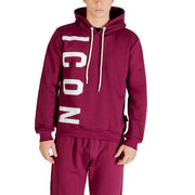 Maroon cotton round neck icon men sweatshirt with bold white vertical lettering and matching drawstrings hoodie