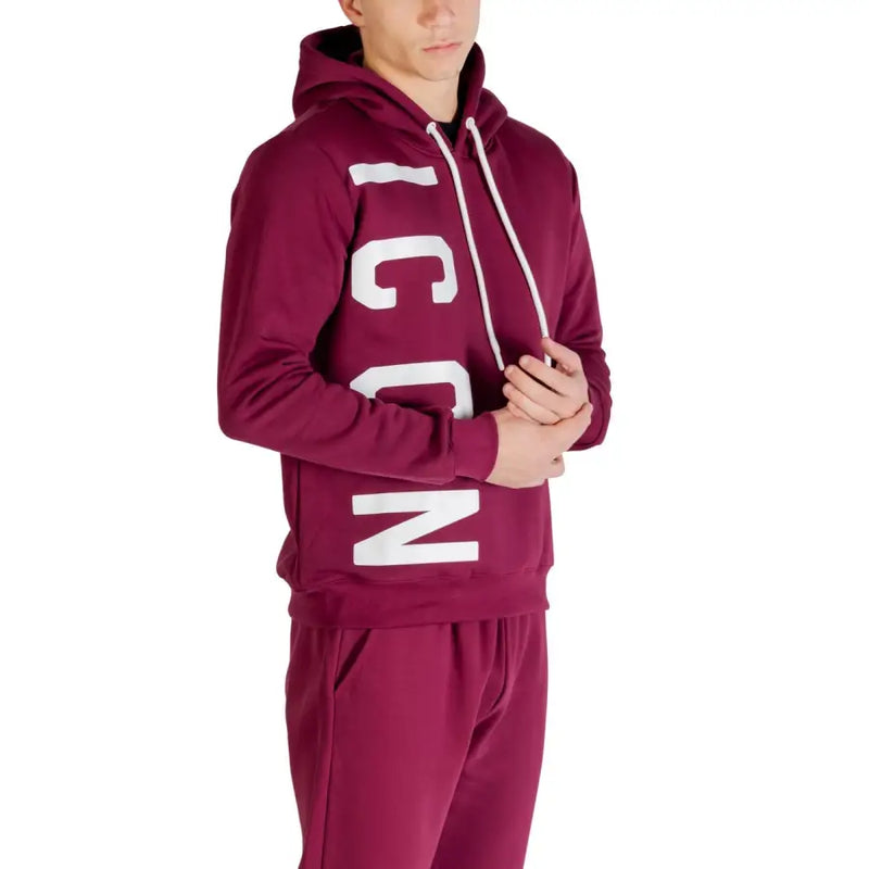 Maroon icon men sweatshirt with bold white lettering and matching drawstrings made of comfortable fabric