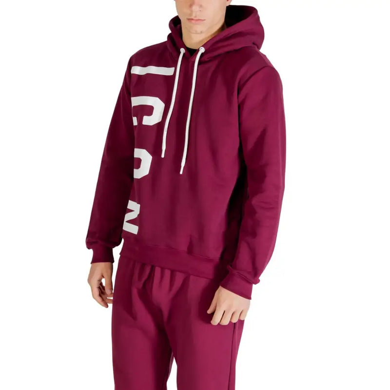 Icon men sweatshirts maroon hoodie with white drawstrings and bold vertical lettering on the front for casual wear