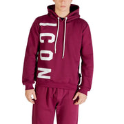 Maroon icon men sweatshirt with bold white vertical icon lettering and matching drawstrings in cotton blend material
