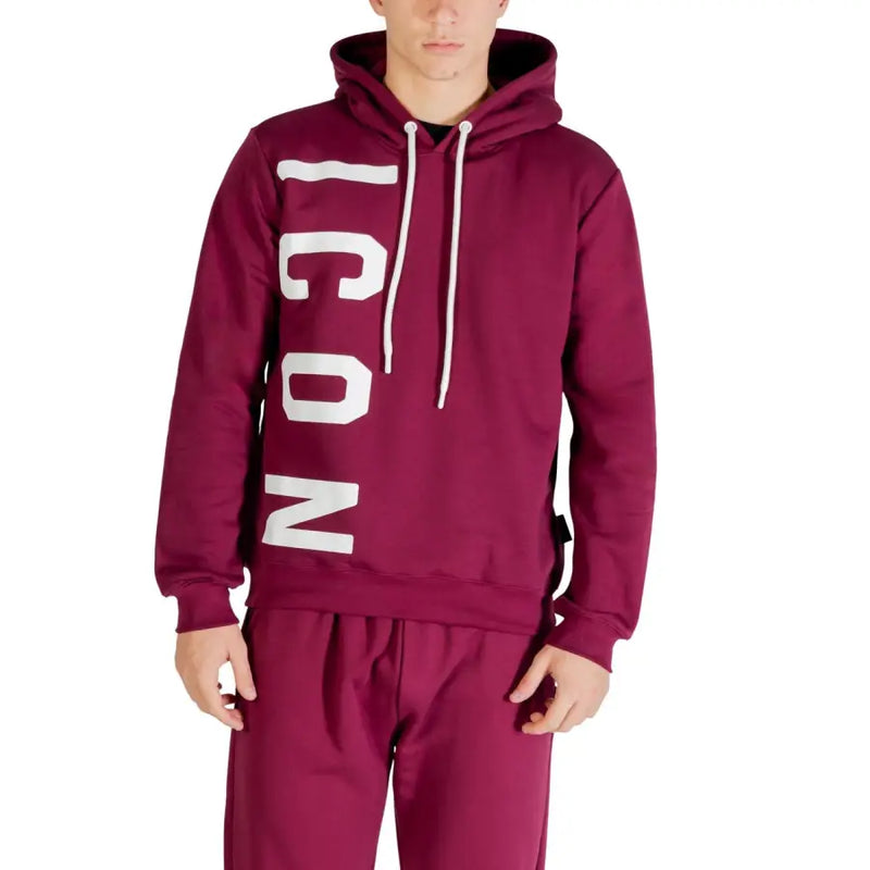 Maroon icon men sweatshirt with bold white vertical icon lettering and matching drawstrings in cotton blend material