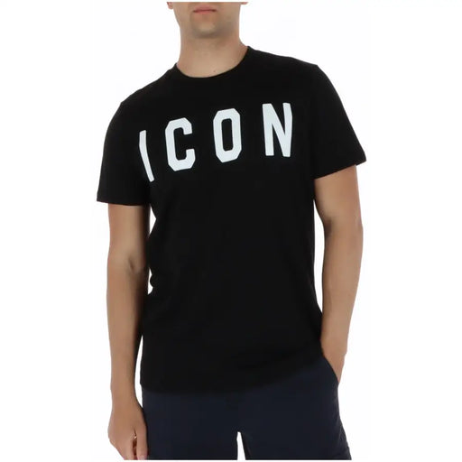 Black short sleeve cotton men t shirt with bold white icon lettering on the chest iut001 model