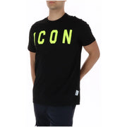 Black short sleeve cotton icon men t shirt with bold neon green icon lettering across the chest