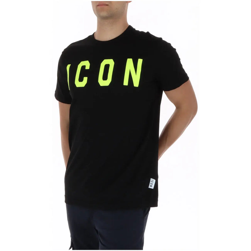 Black short sleeve cotton icon men t shirt with bold neon green icon lettering across the chest