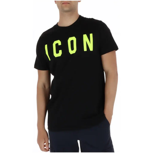 Schwarzes Kurzarm-T-Shirt aus Baumwolle mit auffälligem Neongrün icon Schriftzug auf der Brust, Modell iut001