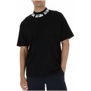 Black short-sleeved icon men t shirt made of white cotton with embroidered icon logo around the collar