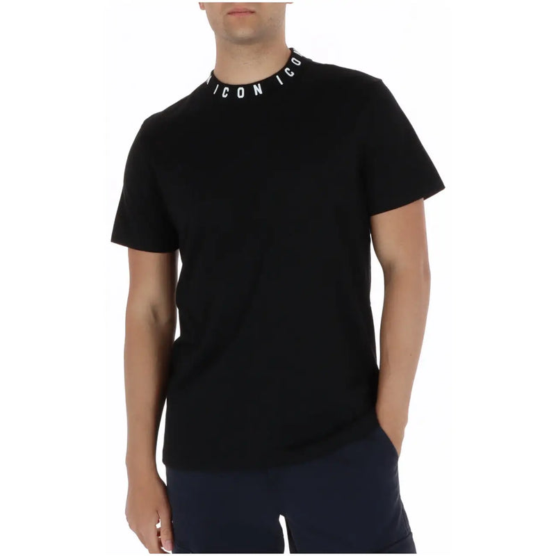 Black men t shirt with white icon logo collar detail made of cotton featuring short sleeves and a round neck design