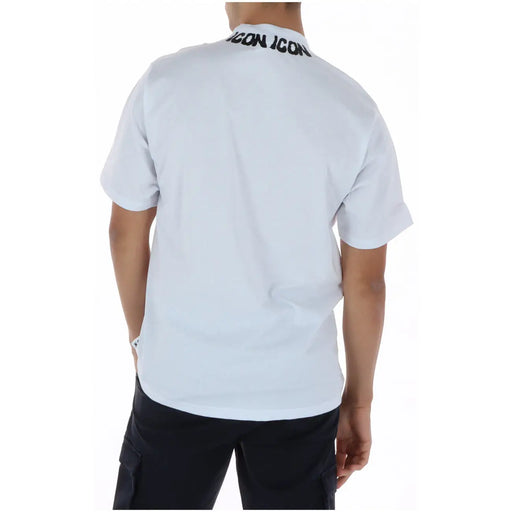 White cotton icon men t shirt with short sleeves and black icon icon lettering across the collar round neck design