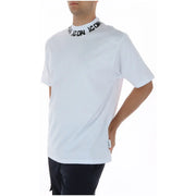 White cotton icon men t shirt with round neck short sleeves and black icon lettering around the collar
