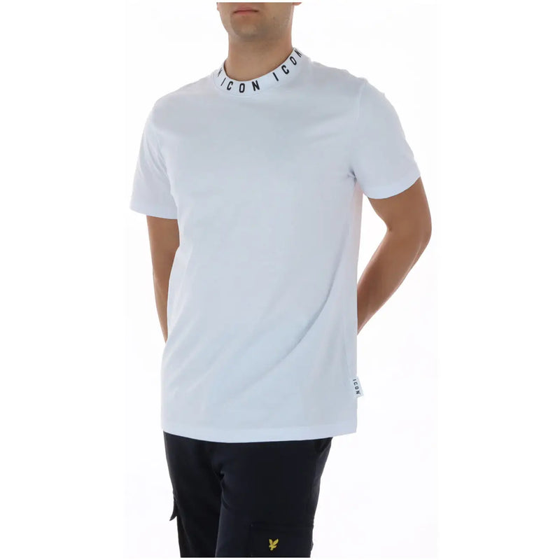 White cotton icon men t shirt with ribbed collar short sleeves and small brand tag on side seam