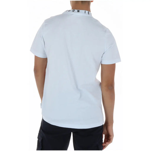 Icon men t shirt white cotton short sleeve polo with ribbed collar featuring iconic in black lettering
