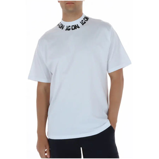 Schwarzes weißes Herren-T-Shirt aus Baumwolle mit Rundhalsausschnitt icon Schriftzug um den Kragen, Kurzarmdesign