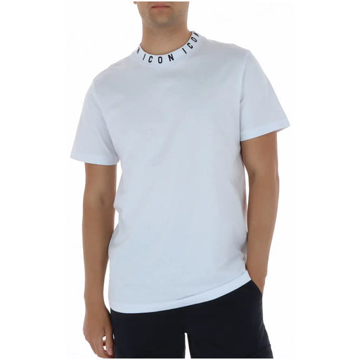 White cotton round neck men’s t shirt with short sleeves and a black icon logo band around the collar