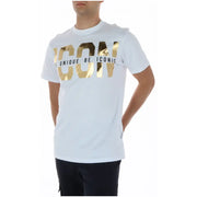 White round neck men t shirt made of 100% cotton with bold gold icon lettering and unique be iconic print
