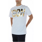 White round neck men t shirt made of 100% cotton with bold gold icon lettering and unique be iconic print