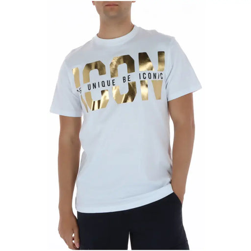 Weißes Herren-T-Shirt aus Baumwolle mit Rundhalsausschnitt und auffälligem Goldfolienmuster icon Grafisch und einzigartig, einprägsamer Slogan-Druck