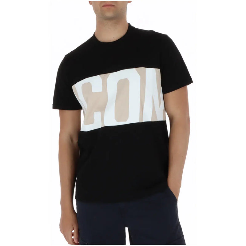 Black short-sleeved icon men t shirt with bold white and beige horizontal print, 100 cotton, round neck