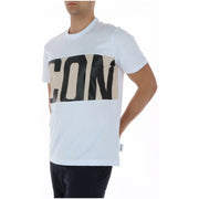 White cotton men t shirt with round neck and bold black and beige icon print on the chest