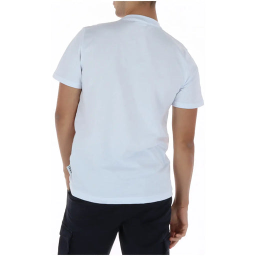 White short-sleeved crew neck 100 cotton t shirt with small tag on lower left side icon men round neck print