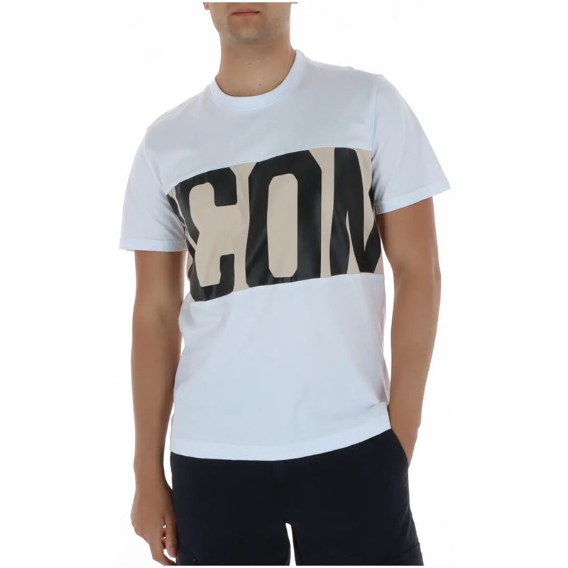 White short-sleeved icon men t shirt with bold black and beige con lettering print made of 100 cotton