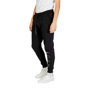 Black Icon men jogger pants with drawstring waistband and vertical lettering on the side for casual wear