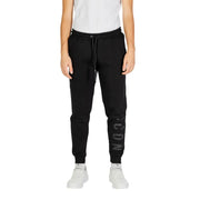 Black jogger pants with a subtle gray icon logo down the left leg from icon men trousers collection