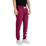 Icon men trousers maroon jogger pants with white drawstring and vertical lettering down the side in cotton blend