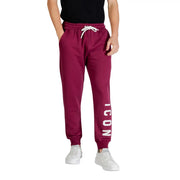 Maroon icon men trousers jogger pants with white drawstring and vertical icon lettering on the leg