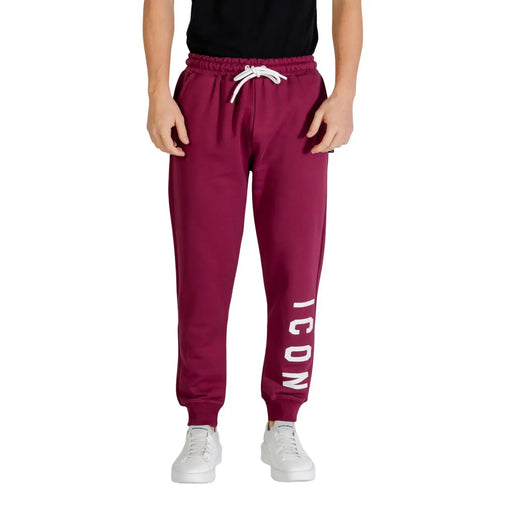 Icon men trousers maroon jogger pants with white drawstring and vertical icon lettering on the leg