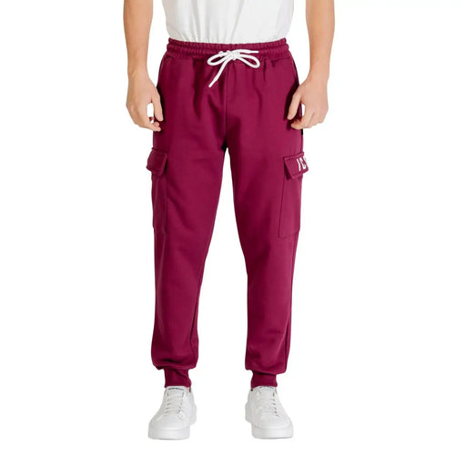Icon men trousers maroon cargo joggers with white drawstring waistband and side pockets featuring a logo patch