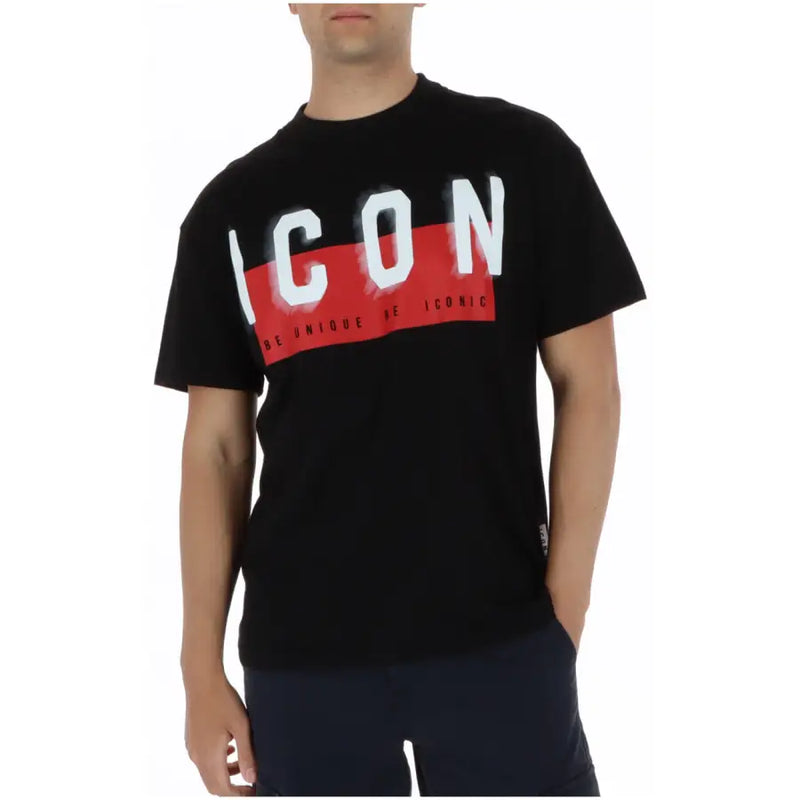 Schwarzes Baumwoll-T-Shirt mit Rundhalsausschnitt und auffälligem weißen Aufdruck icon Schriftzug und roter Streifen mit dem einzigartigen ikonischen Text