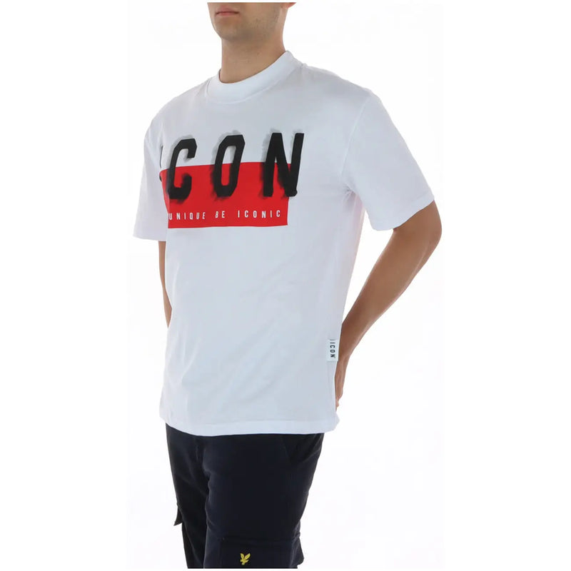 White cotton short-sleeved round neck t shirt with bold black icon lettering and red stripe by icona, model IUT041