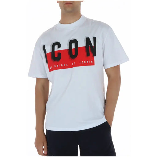 Weißes Baumwoll-T-Shirt mit Rundhalsausschnitt und kräftigem schwarzen Aufdruck icon Schriftzug auf rotem Hintergrund und sei einzigartig, sei ikonisch – Druck unten