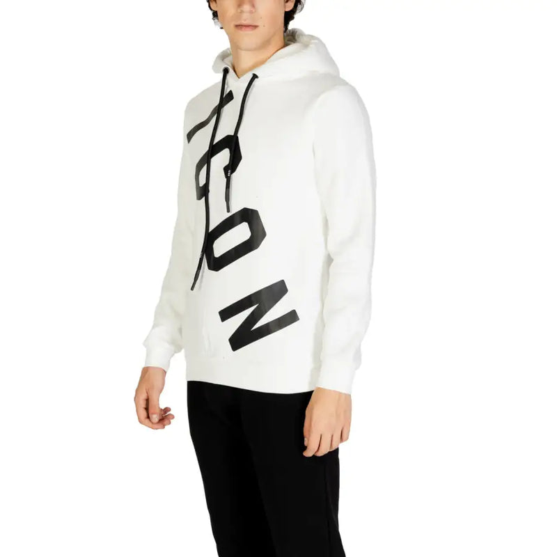 Men’s white long-sleeved hooded sweatshirt with black ICON graphic for stylish casual wear